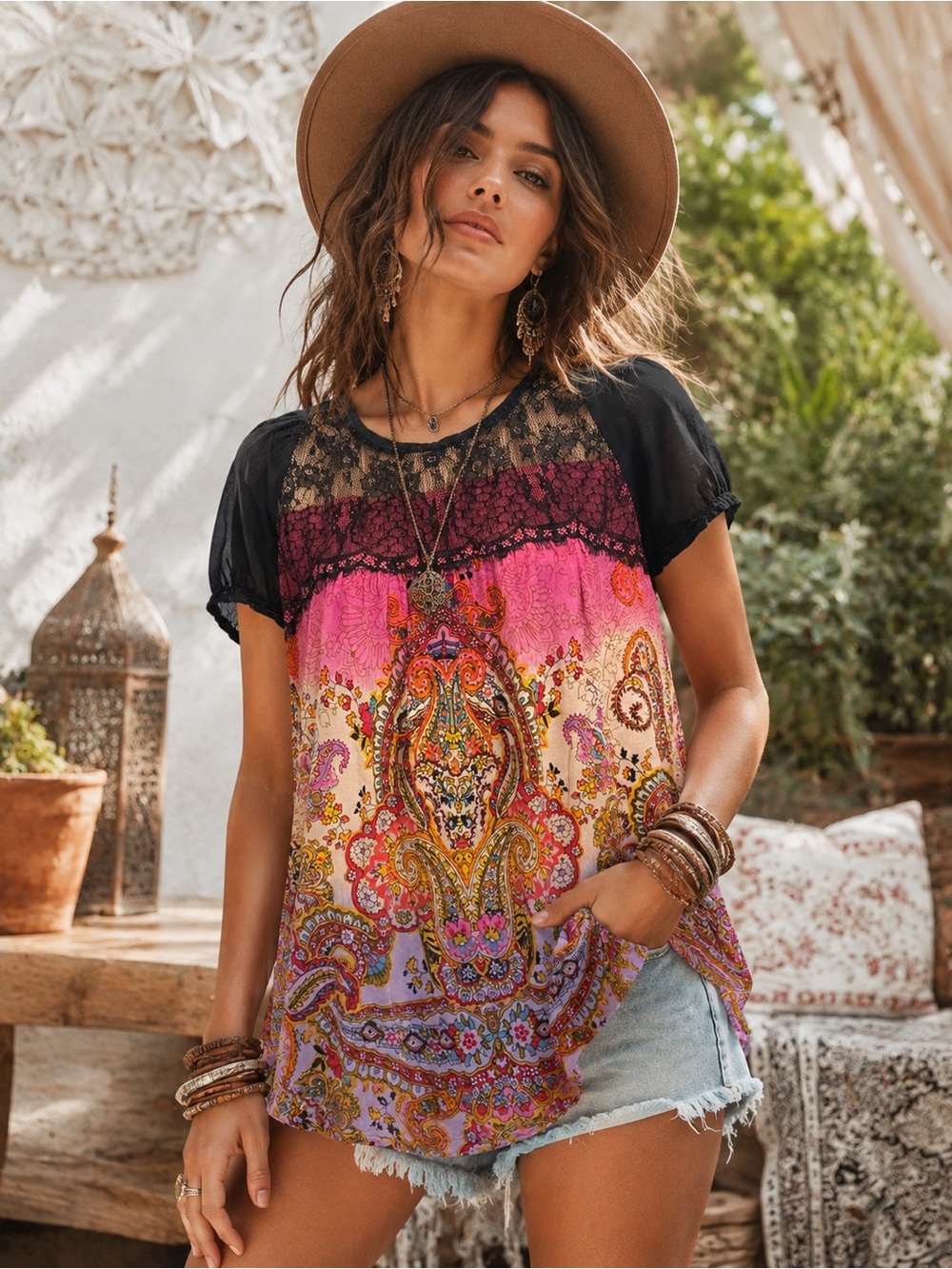 Bila Boho Paisley Lace Blouse | Festival Cottagecore Whimsigoth Rayon Top L